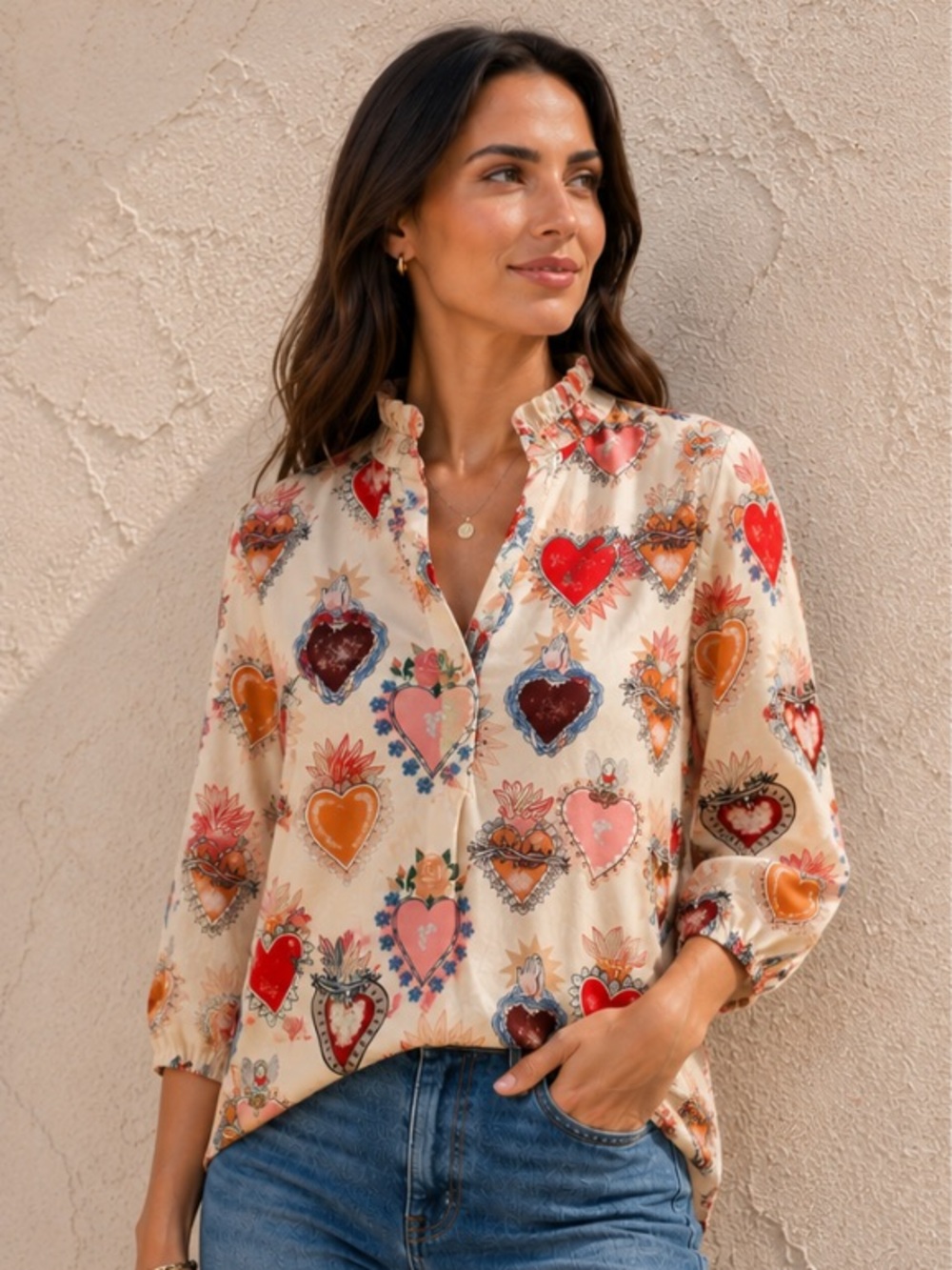 Womens Heart Print Blouse - Cream